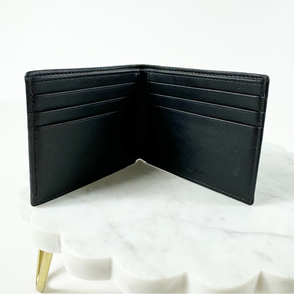 #10 🪩 374. Michael Kors Black/Gray Leather Bifold Wallet Mens Slim MK Monogram - Picture 4 of 10